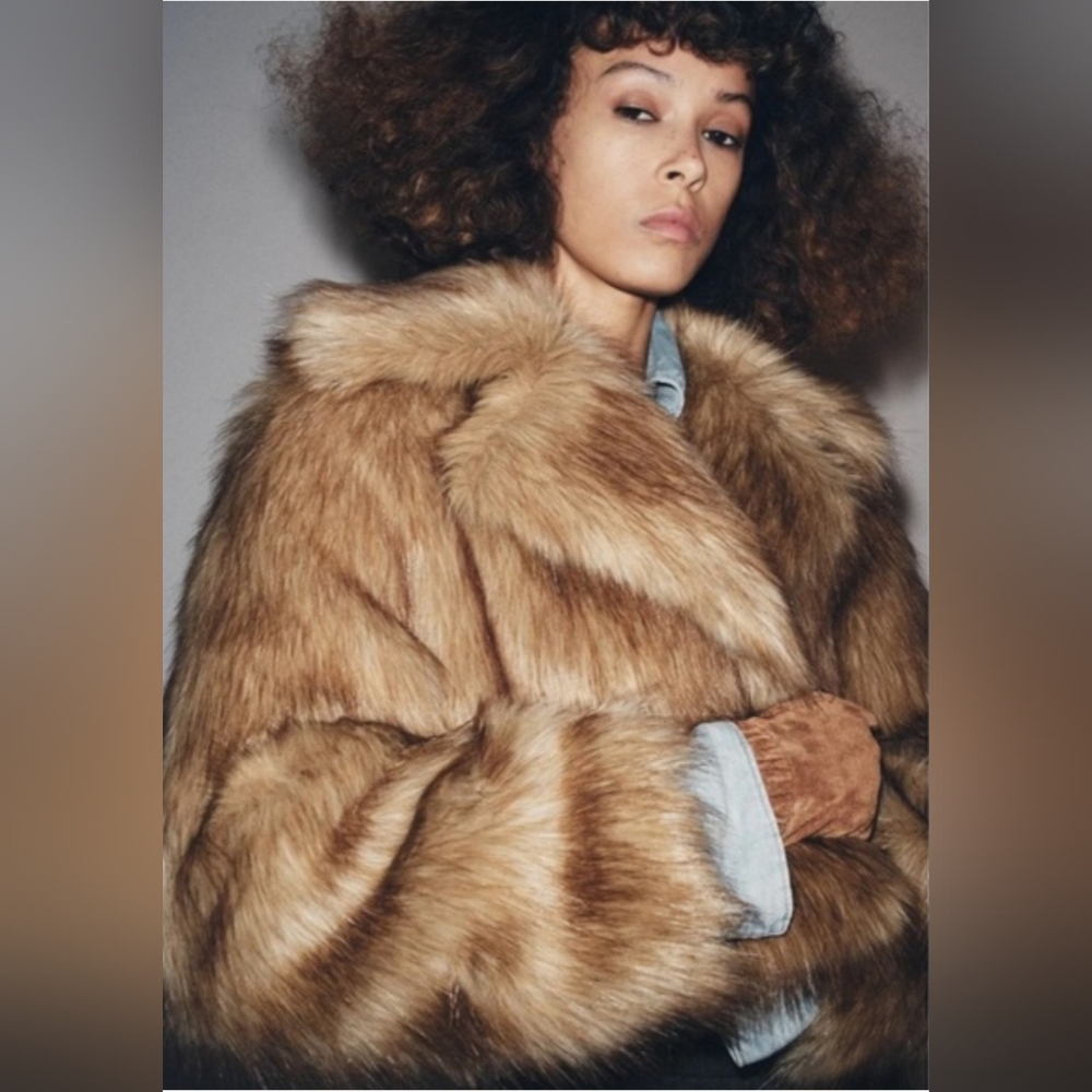 Zara ZW Collection Cropped Faux Fur Jacket - Brown- NWT- LARGE